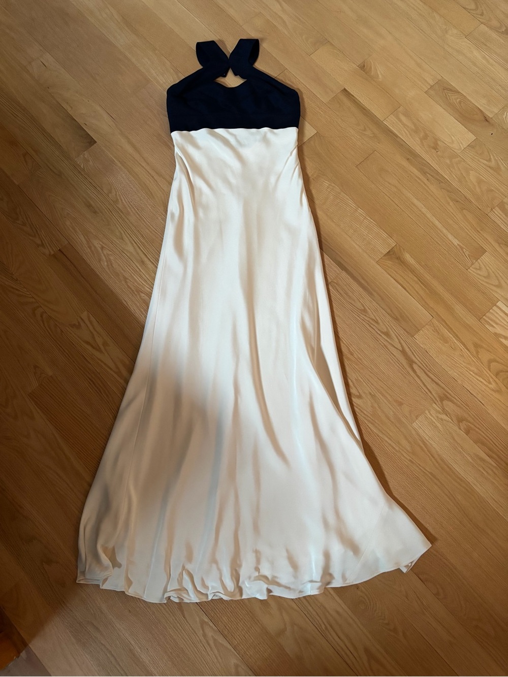 Monique Lhuillier Navy and White Cross-Neck Halter Maxi Dress
